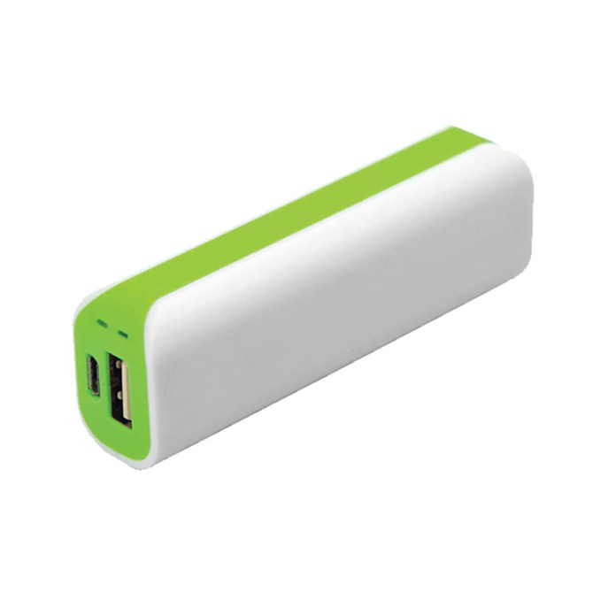 A power bank in white and green, featuring two ports on one end and a smooth, curved design.