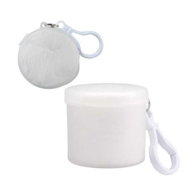 A white Cloud Poncho packaged in a round container, featuring a clip for easy attachment.