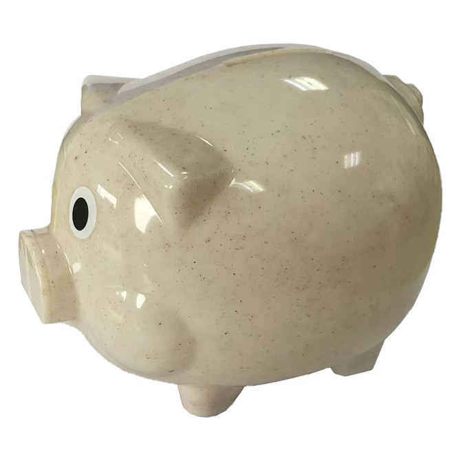 A wheat straw piggy bank in a light beige colour with glossy finish and large eyes, featuring a branding logo.