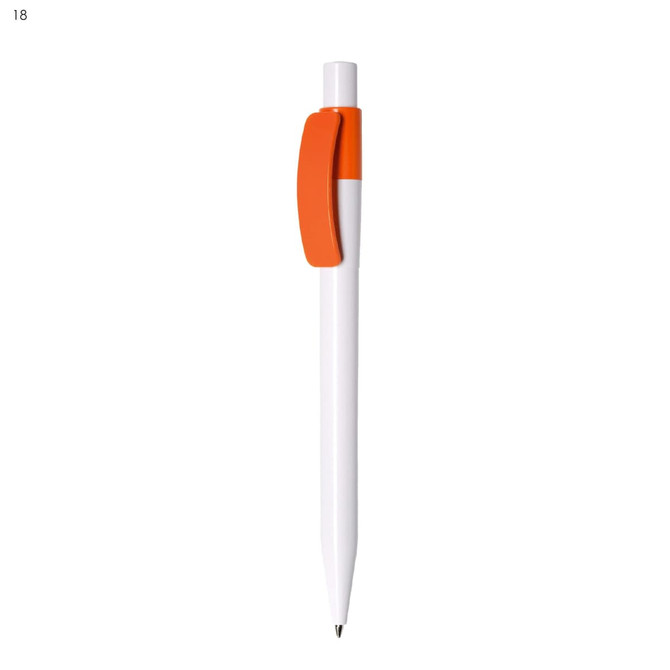 A white plastic pen with an orange clip. The pen features a simple design and has a branded logo.