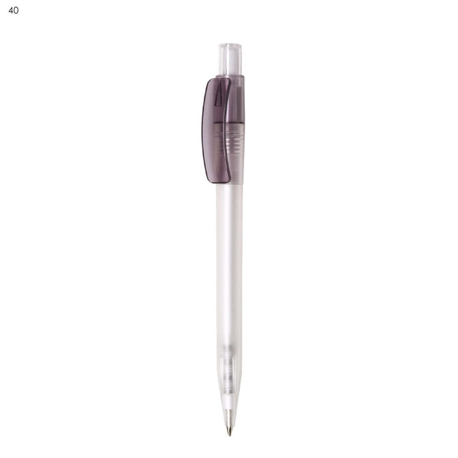 A plastic pen in clear and grey with a click mechanism and a smooth barrel design. It features a logo on the side.