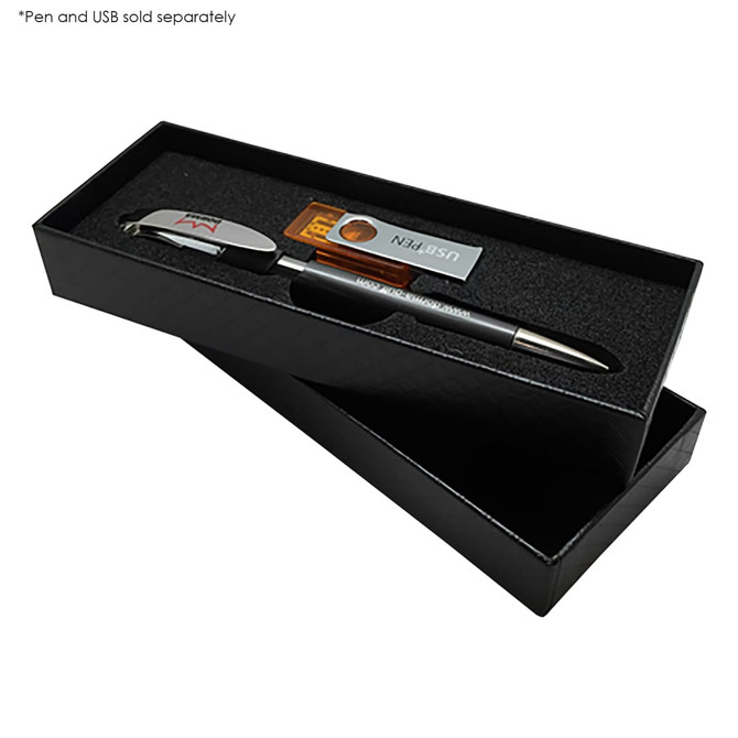 A sleek black gift box containing a premium pen and USB, featuring a logo and elegant presentation.