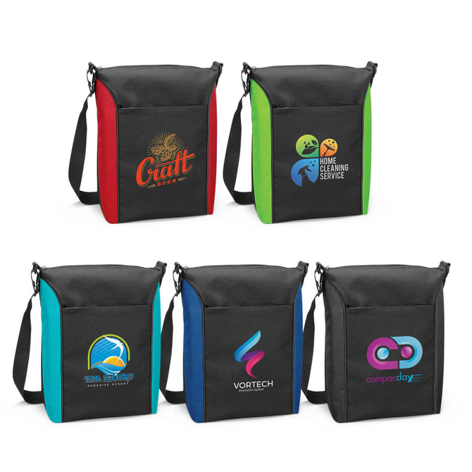 A black cooler bag with red, green, and blue accents. It features various logos on the front.