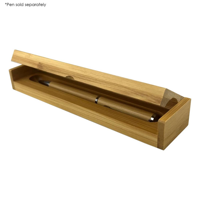A bamboo gift box with a removable lid, containing a single pen. The box features a natural wood finish.