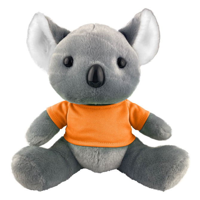 A grey koala plush toy wearing an orange shirt, with large ears and a round nose. It has a branding patch.