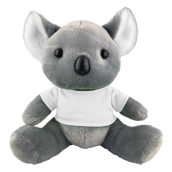 A grey koala plush toy wearing a white t-shirt, with large ears and a round nose. It has a logo on its shirt.