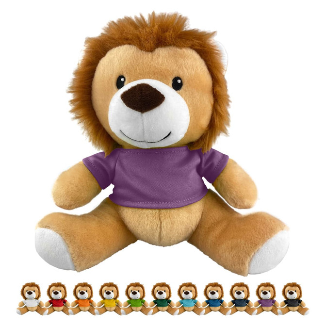 A plush lion toy with a soft golden body and brown mane, wearing a purple shirt, surrounded by miniature versions in various colours.
