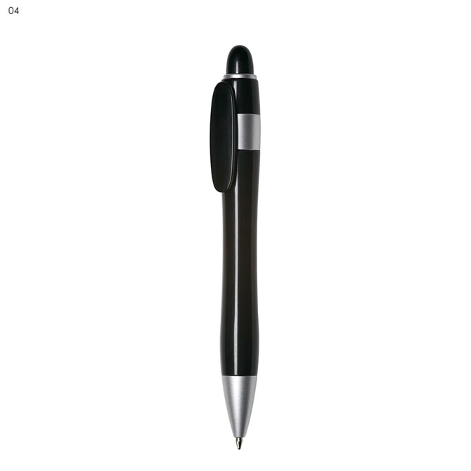 A plastic pen in black with silver accents, featuring a clip and a smooth barrel design.