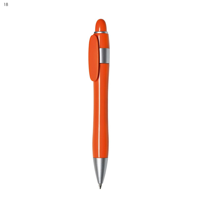 An orange plastic pen with a silver clip and tip, featuring a logo on the barrel.
