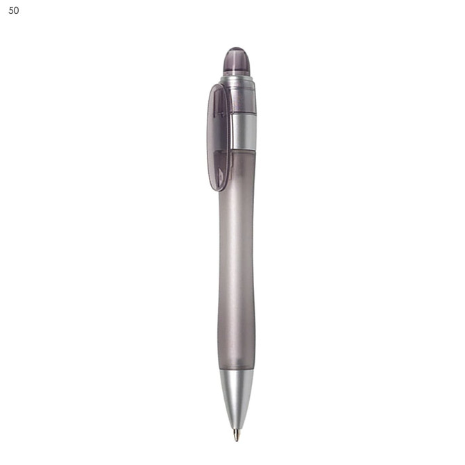 A plastic pen in a smoky grey colour with a silver clip and tip, featuring a logo.