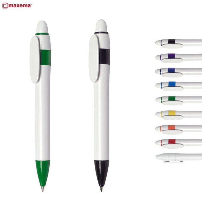 A set of plastic pens in white, featuring green and black options, with additional pens in various colours. Brand logo included.