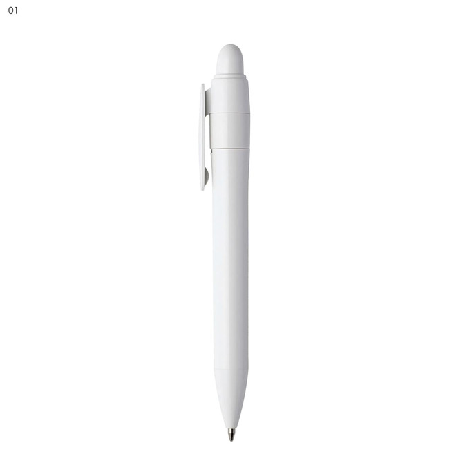 A white plastic pen with a rounded top and a clip, featuring a logo.