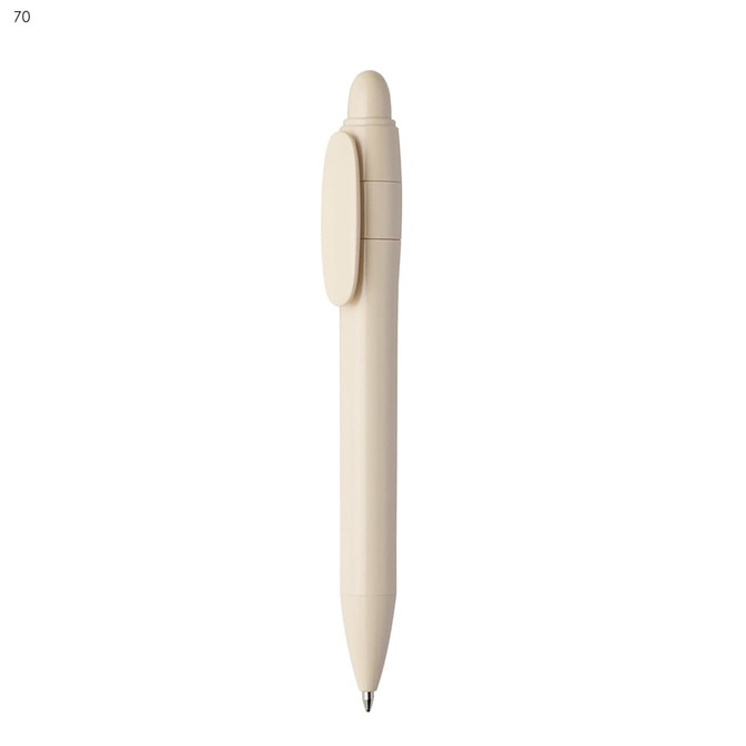 A beige plastic pen with a rounded top and a clip, featuring a logo or branding element.