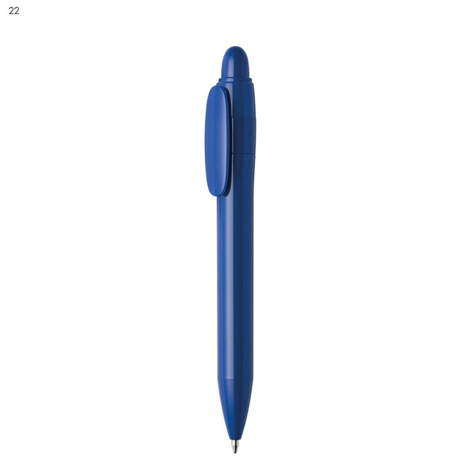 A blue plastic pen with a smooth finish and a clip on the side, featuring a logo.