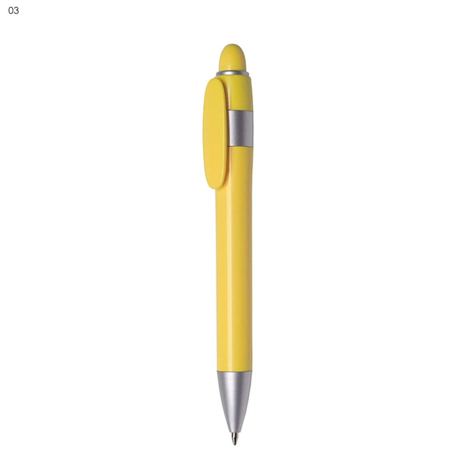A yellow plastic pen with a silver clip and tip, featuring a rounded top and a sleek design.