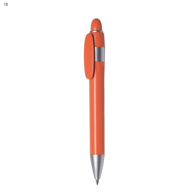 An orange plastic pen with a silver clip and tip, featuring a rounded top and sleek design.