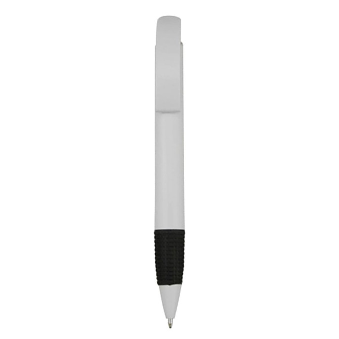 A white plastic pen with a black textured grip and a clip. The pen has a logo on it.
