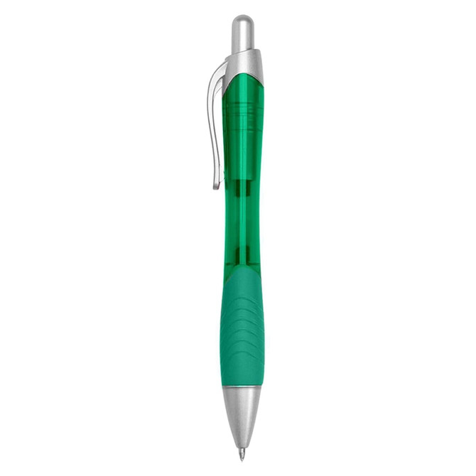 A green plastic pen with a silver clip and tip, featuring a textured grip. It has a logo on its body.