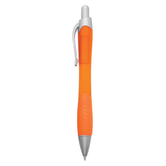 An orange plastic pen with a silver clip and grip, featuring a transparent section.