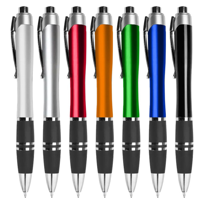 A set of plastic pens in silver, red, orange, green, blue, and black, featuring black grips and a logo.