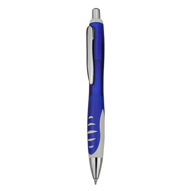 A plastic pen with a blue barrel and silver accents, featuring a logo on the side.
