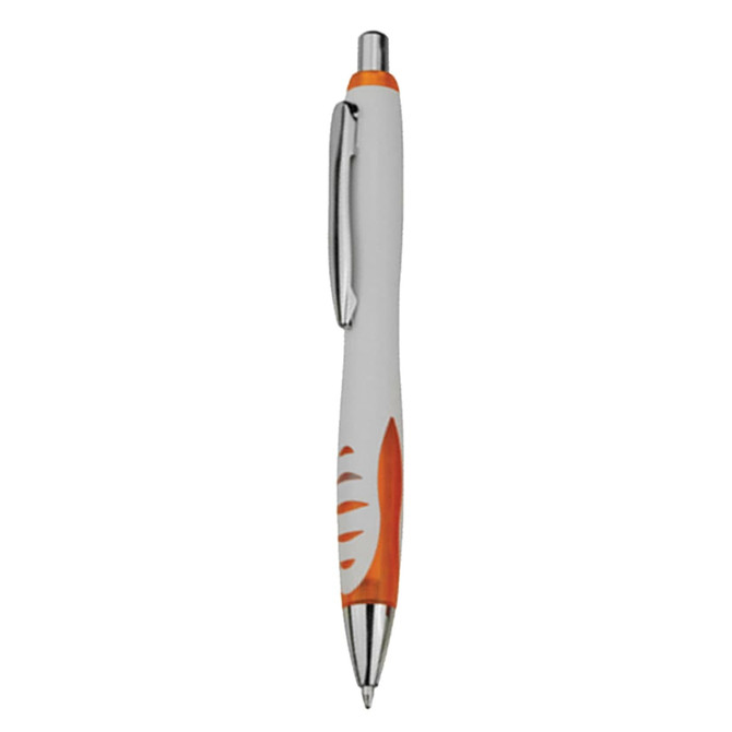 A plastic pen in white with orange accents, featuring a silver clip and a logo.