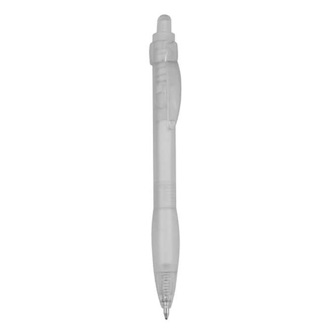 A plastic pen in a clear, frosted finish with a click mechanism and rubber grip. It features a logo.