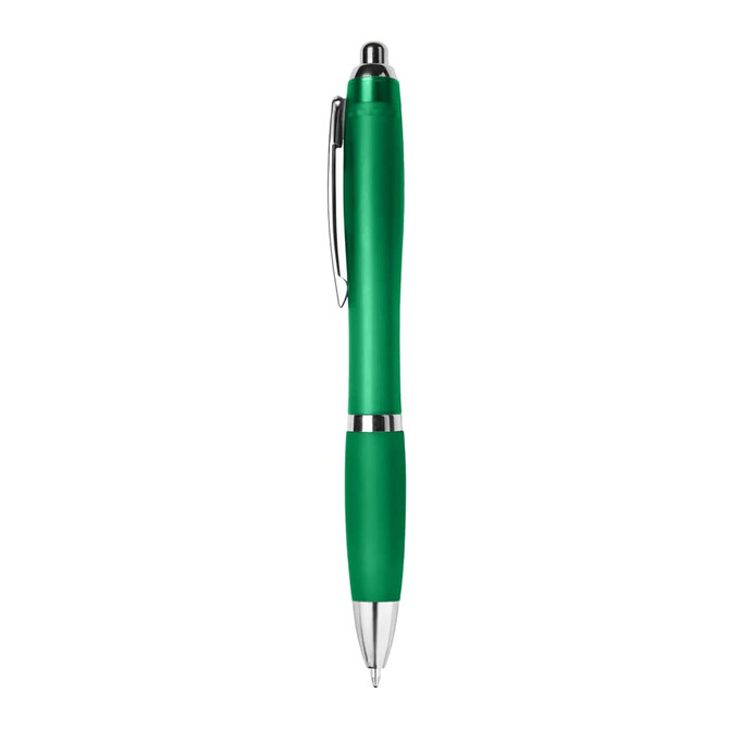A plastic pen in vibrant green with a silver clip and accents. The pen features a smooth grip.