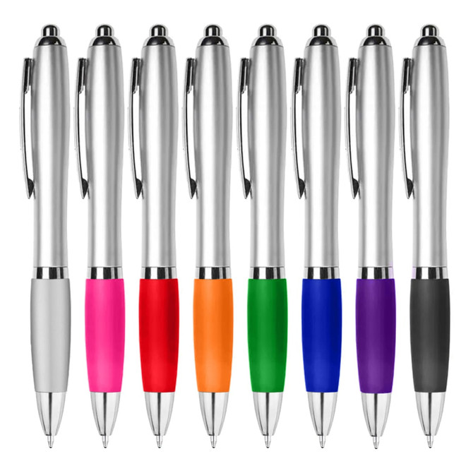 A set of plastic pens in various colours, including pink, orange, green, blue, and purple, with silver accents and a logo.