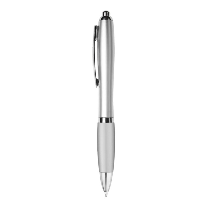 A sleek silver plastic pen with a white grip and a chrome clip, featuring a branding logo.