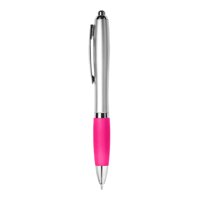 A silver pen with a bright pink grip and a clip, featuring a branded logo.