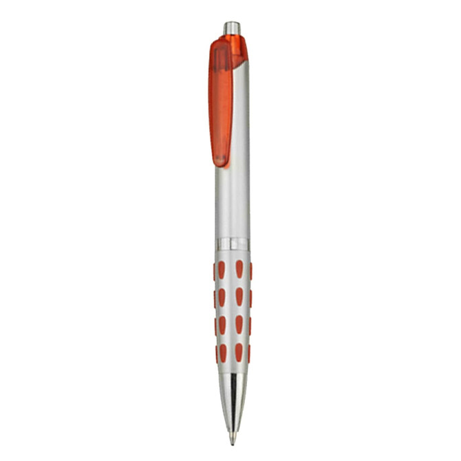 A plastic pen with a silver body and orange accents, featuring a grip with raised dots and a clip.