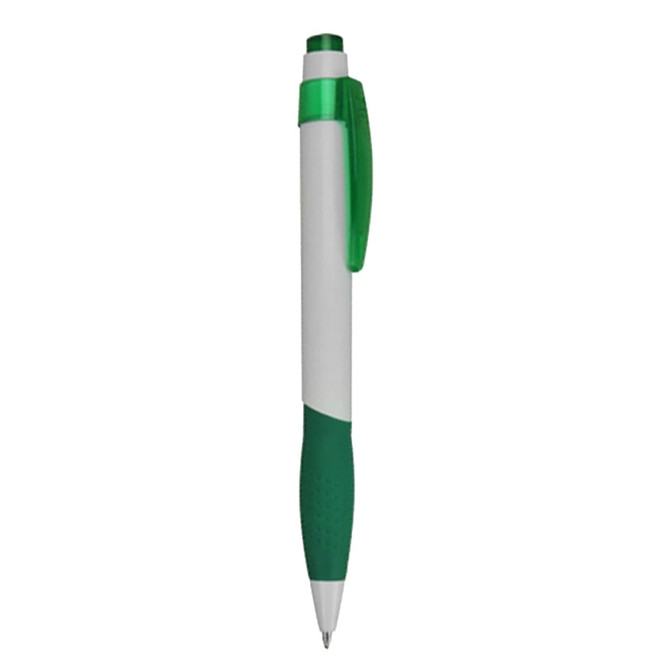 A plastic pen in white and green with a textured grip and a clip. It has a branded logo on the barrel.