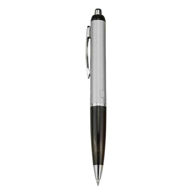 A plastic pen featuring a silver barrel and a black grip, equipped with a clip and a logo.
