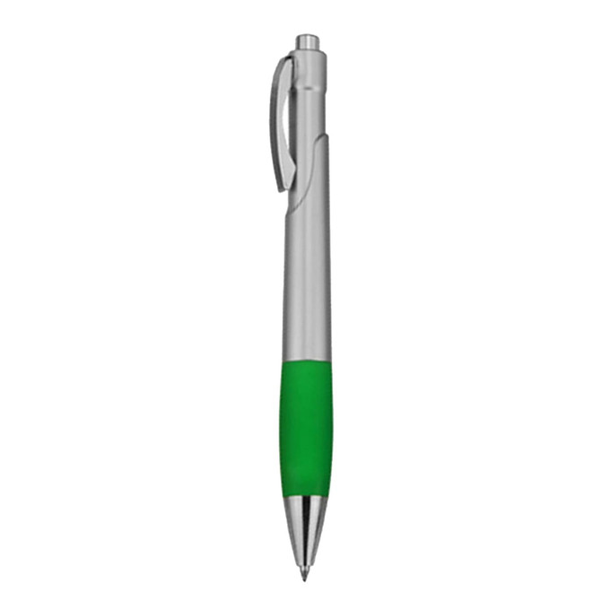 A silver ballpoint pen with a green grip and a retractable mechanism, featuring a branding logo.