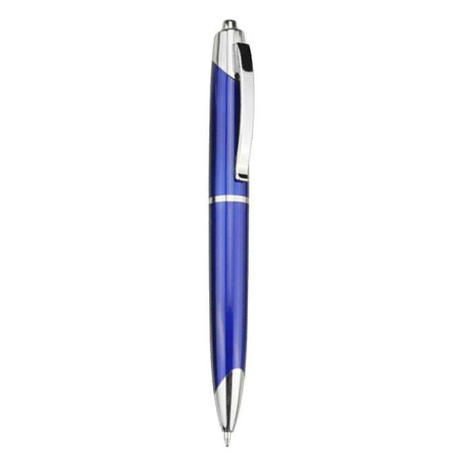 A blue plastic pen with silver accents and a clip, featuring a smooth, elegant design and a logo.