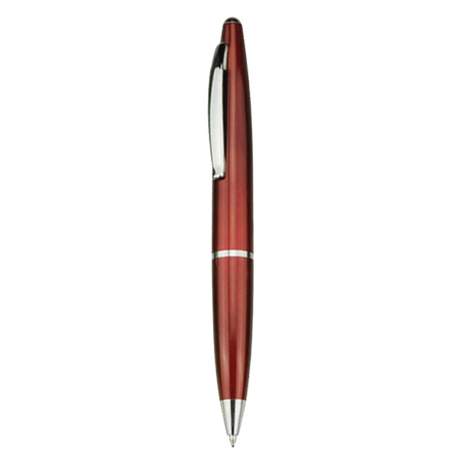 A sleek red plastic pen with silver accents and a clip, featuring a subtle logo on the body.