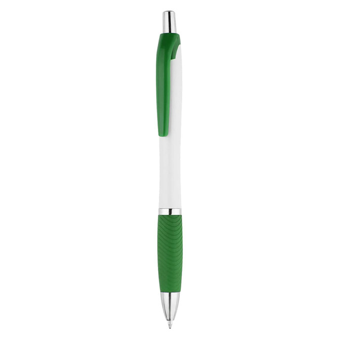 A plastic pen in white and green, featuring a textured grip and a silver clip, with a logo on the barrel.