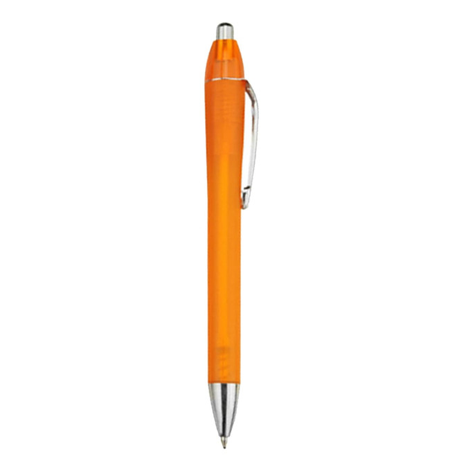 An orange plastic pen with a silver clip and tip, featuring a transparent barrel.