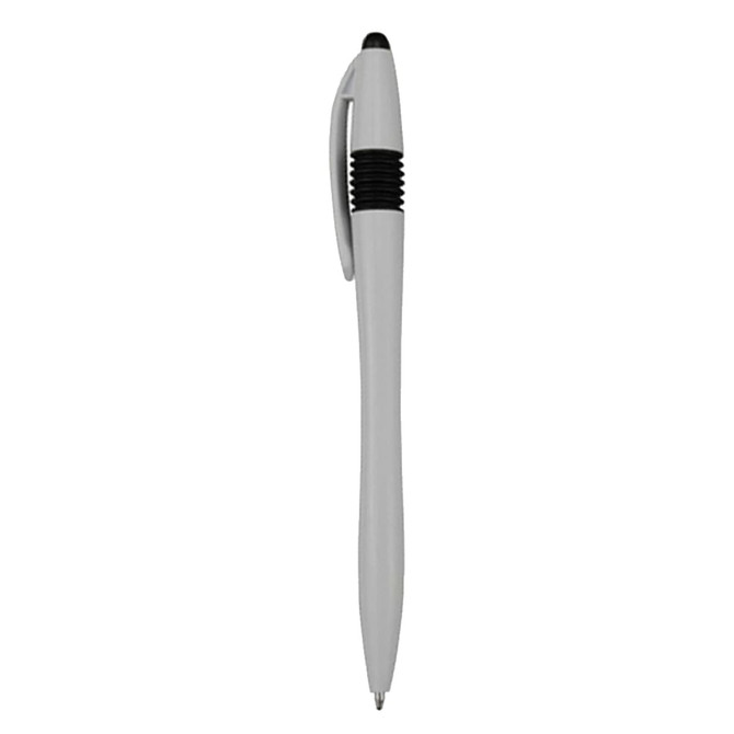 A grey plastic pen with a black grip and a rounded cap. It features a logo on the barrel.