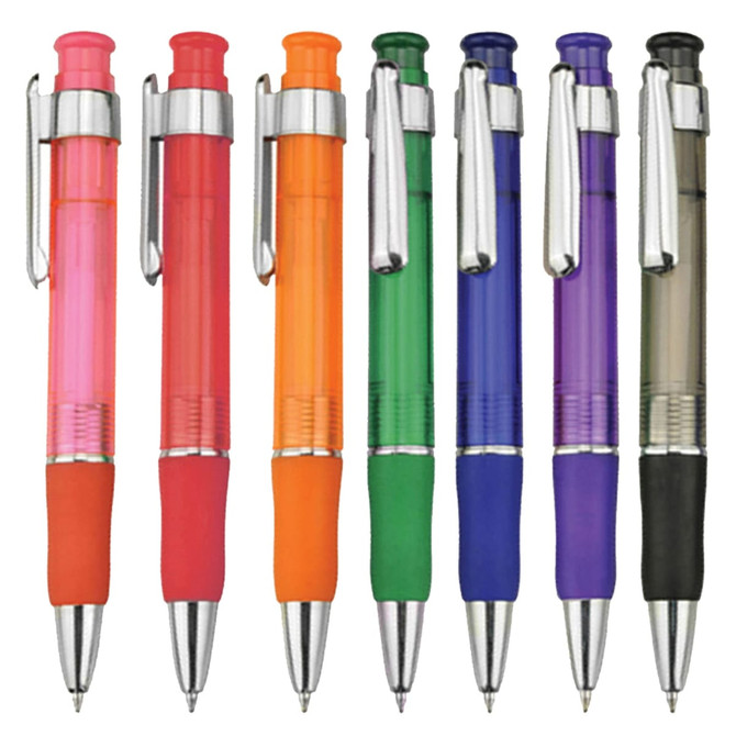A set of plastic pens in various colours: pink, orange, green, blue, purple, and dark grey, each with a silver clip.