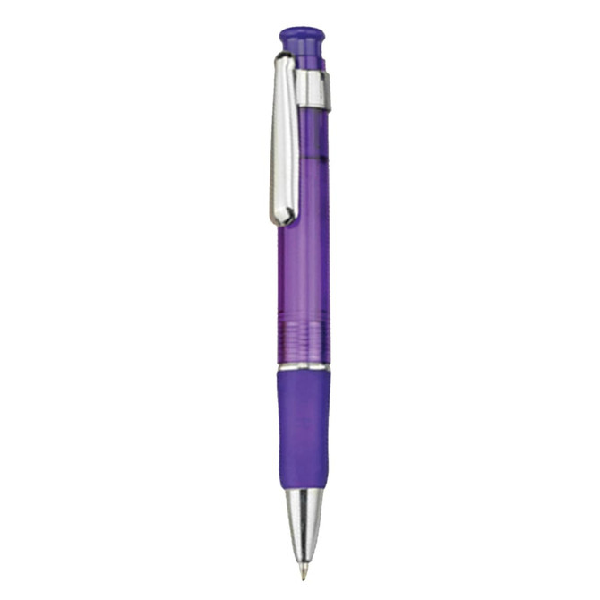 A plastic pen in purple with a silver clip and a textured grip. It features a logo on the barrel.