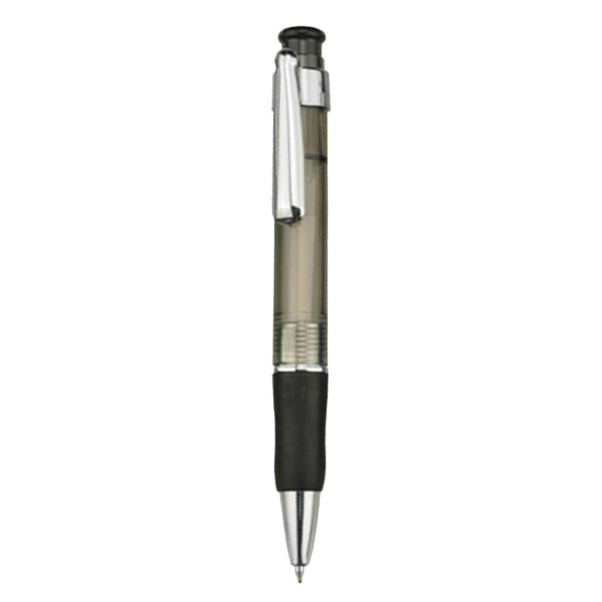 A transparent grey plastic pen with a black grip and a silver clip. The pen has a branding logo.