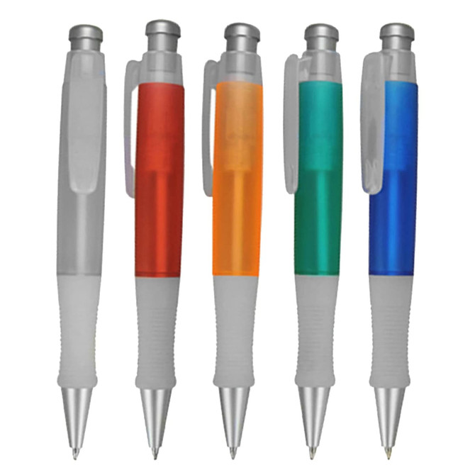 A set of five plastic pens in grey, red, orange, green, and blue, featuring a grip and a clip. Each pen has a logo.