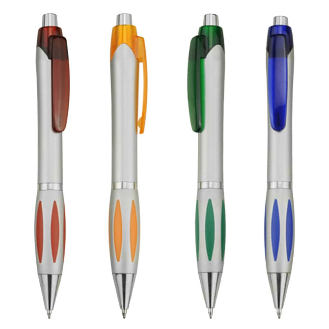 A collection of four plastic pens in red, orange, green, and blue, featuring a silver barrel and a logo.