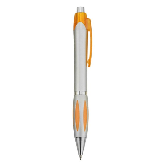 A plastic pen in silver and orange, featuring a sleek design and a clip on top. The pen has a logo on the body.