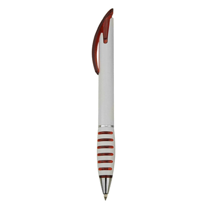 A white plastic pen with red accents and a stylised grip, featuring a logo on its body.