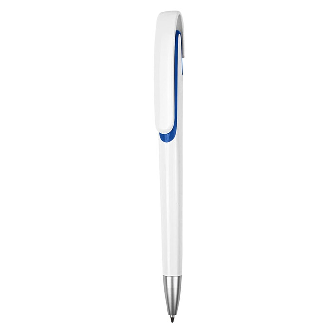 A plastic pen in white with blue accents and a silver tip, featuring a clip and branding.