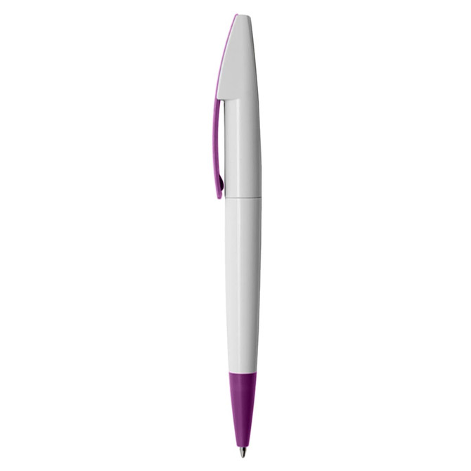 A white and purple plastic pen with a clip and a logo on the barrel.