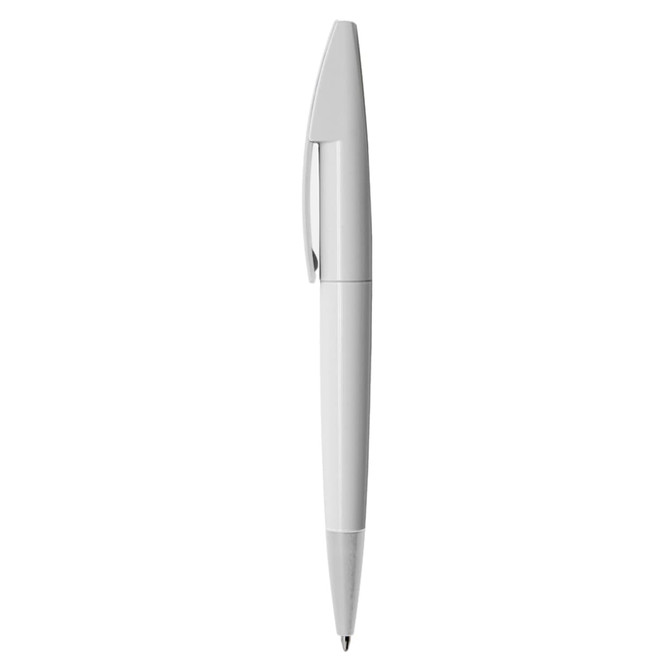 A plastic pen in white with a sleek design and a clip for easy attachment. Features a branded logo.
